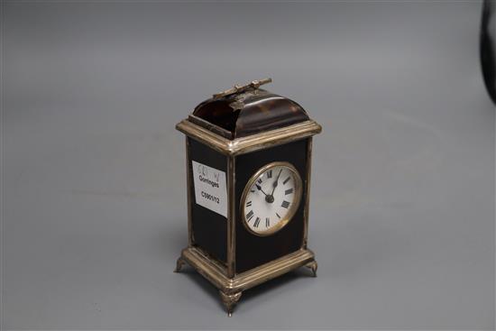 A George V silver mounted tortoiseshell carriage timepiece, Adie Bros. Birmingham, 1928, ( tortoiseshell a.f.), 15cm.